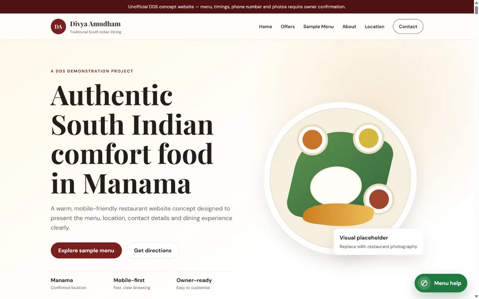Divya Amudham DDS restaurant website demo shown on desktop