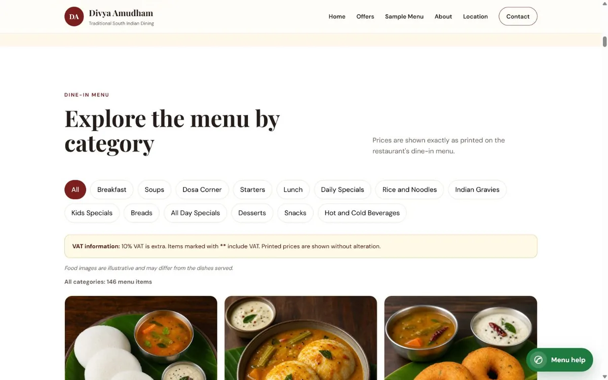 Structured food menu preview from the Divya Amudham restaurant website demo