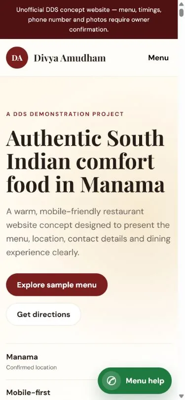 Mobile homepage preview of the Divya Amudham restaurant website demo