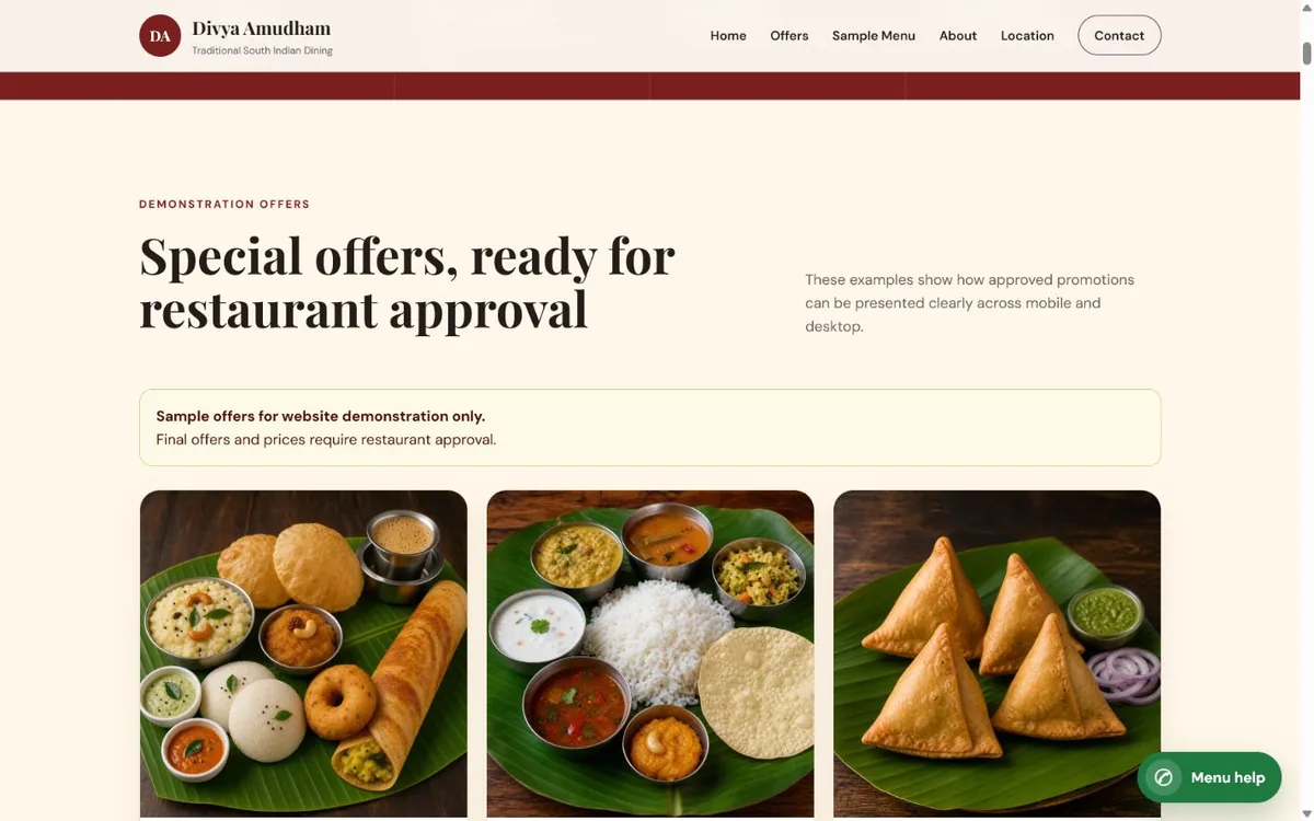 Special offers presentation from the Divya Amudham DDS restaurant website concept