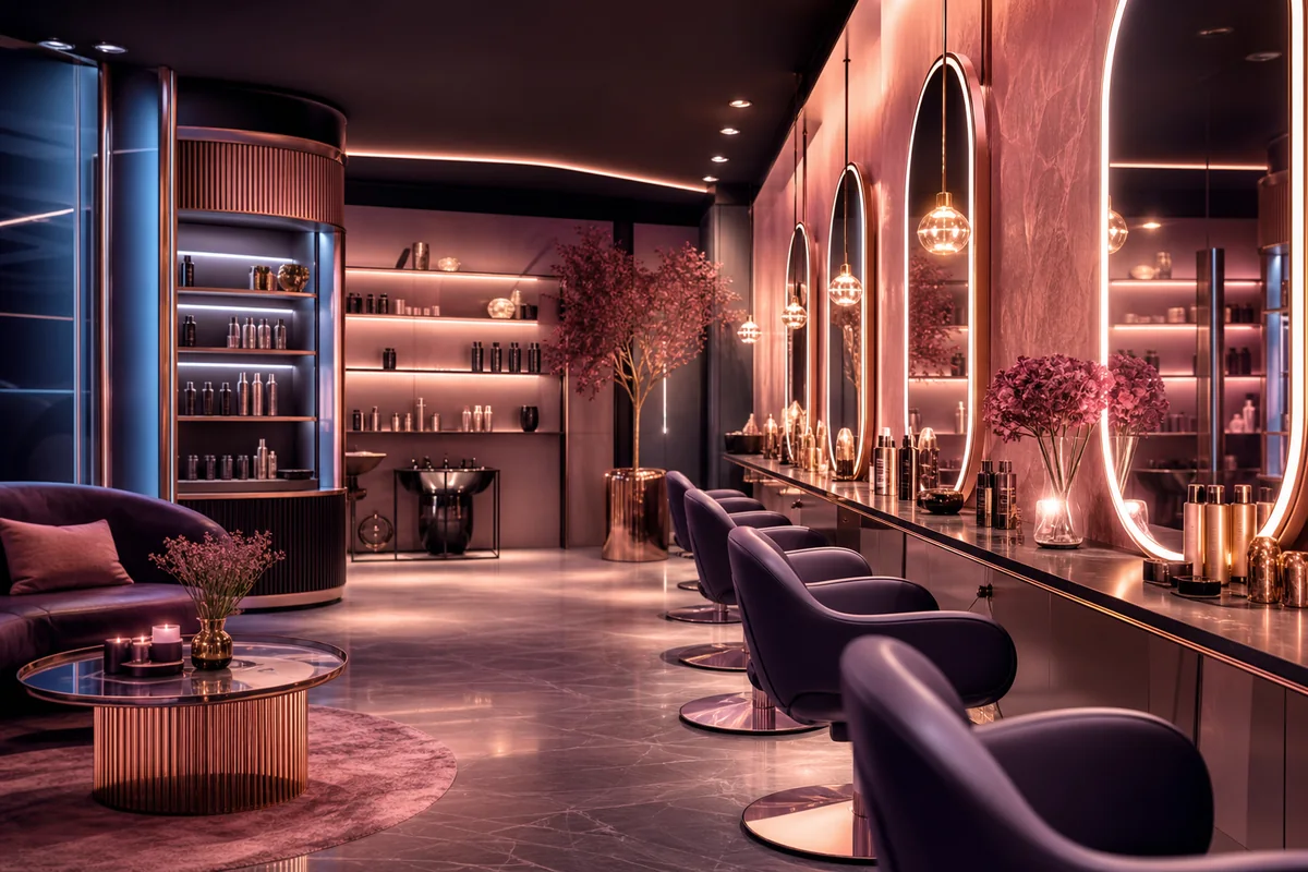 DDS salon concept featuring a premium styling area and illuminated mirrors